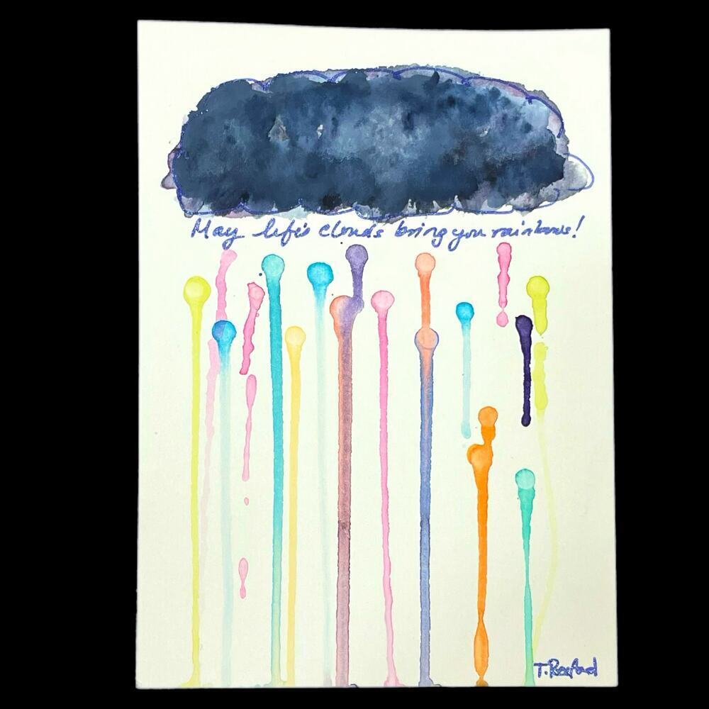 Hand painted watercolor original painting rain cloud rainbow raindrops